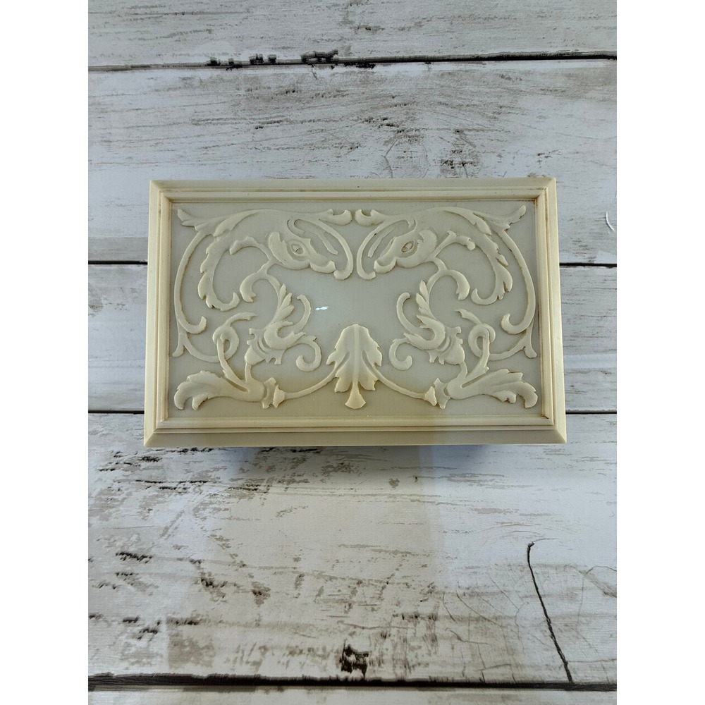 Vintage Luxor Trinket Box Cream Ornate Scroll Lid Brown‎ Base Mid Century Vanity